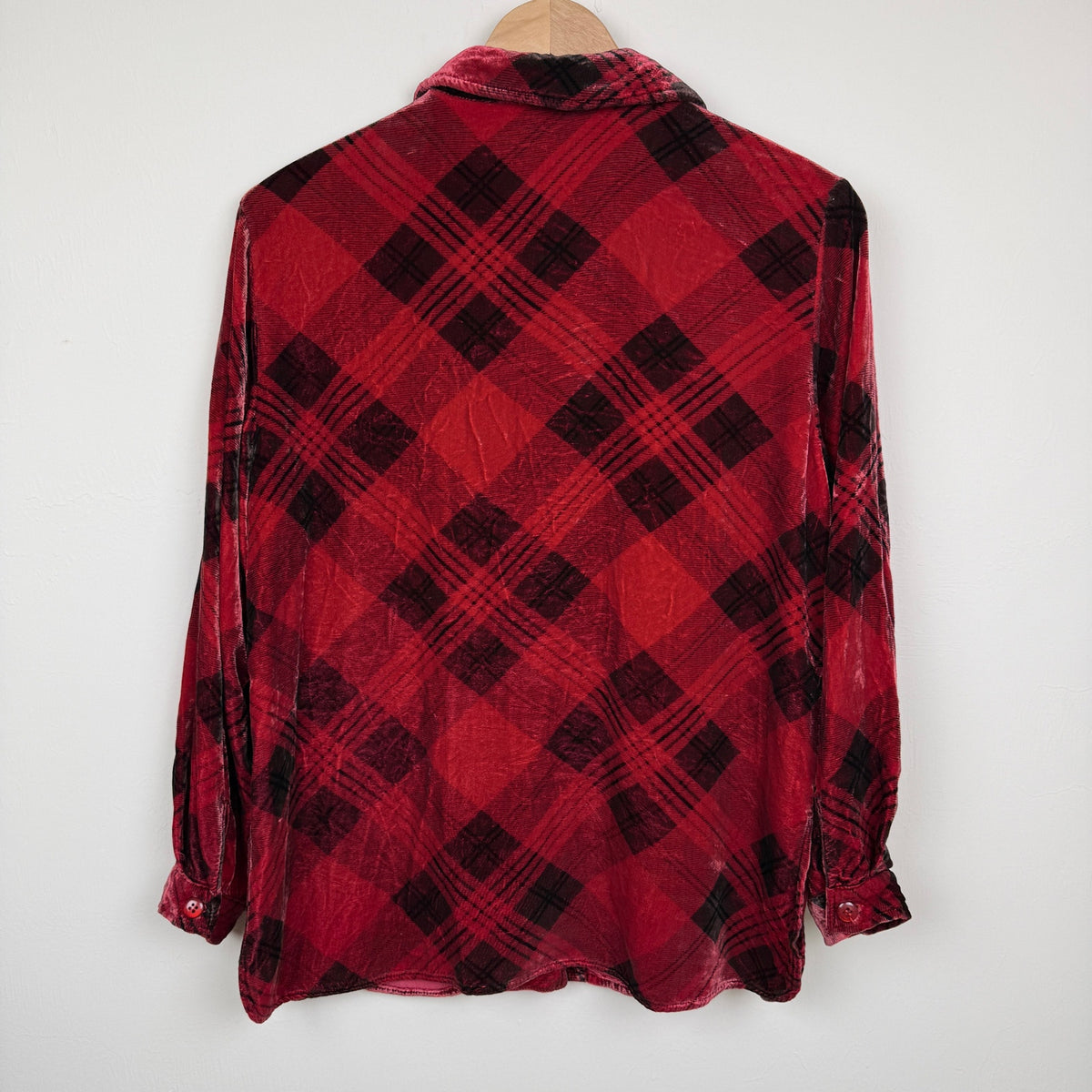 Vintage Coldwater Creek Velvet Plaid Shirt Rayon Silk Blend Size 0 Red Black 90s