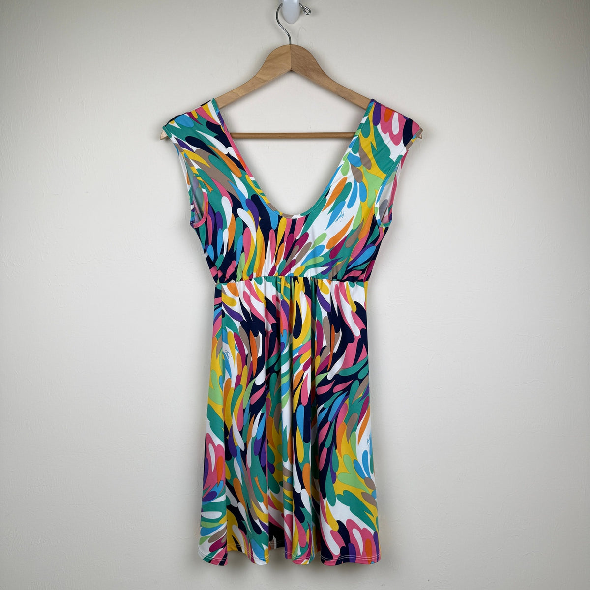 Trina Turk Abstract Print V Neck Mini Dress Euro Summer Resort Y2K USA Made S