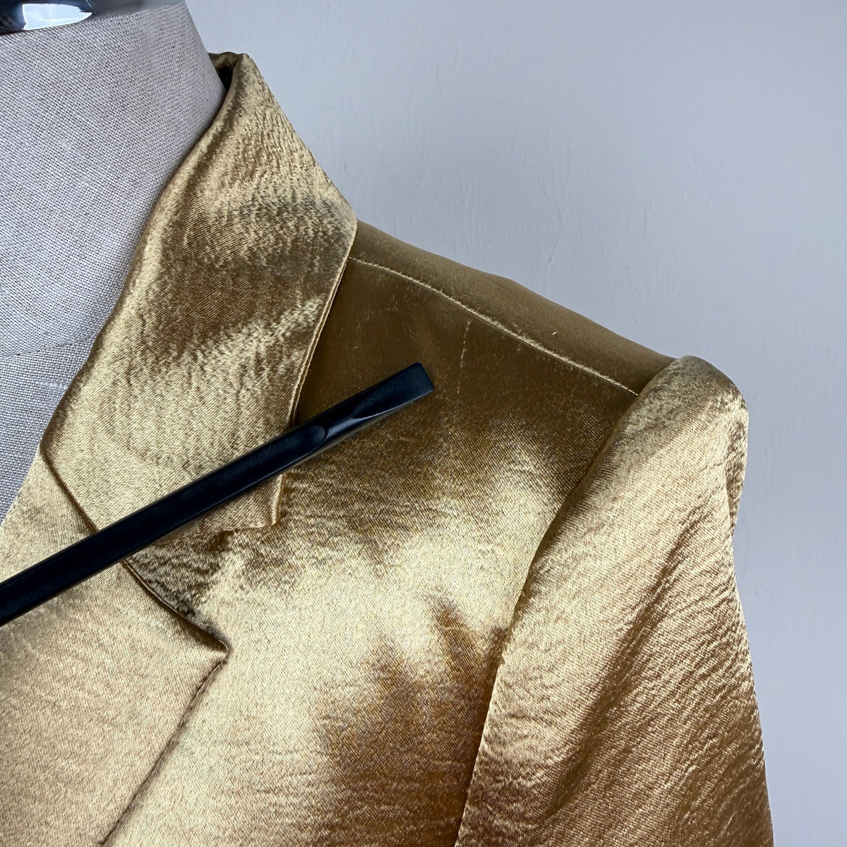 Cinq à Sept Gold Satin Ruched Sleeve Blazer