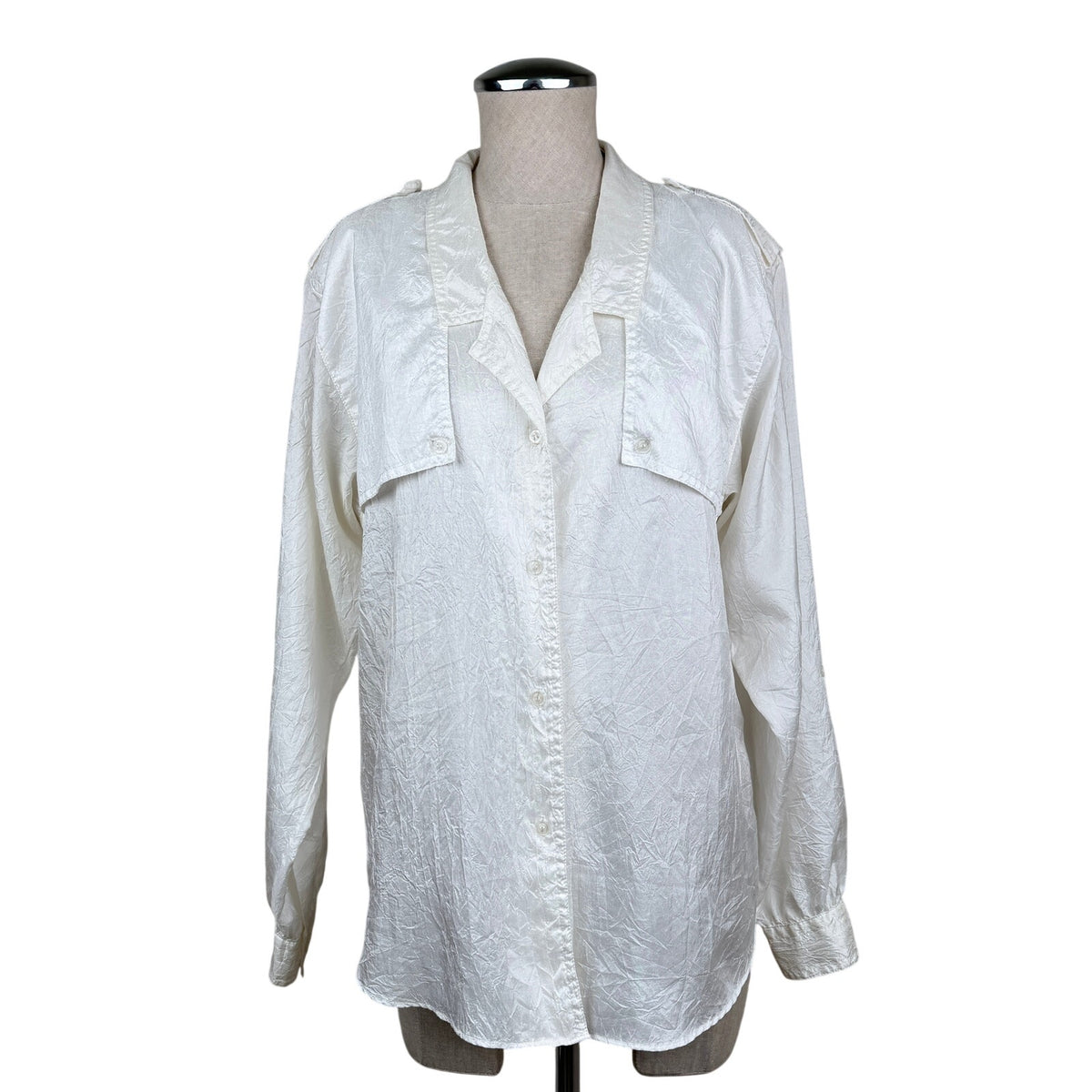 Diane Von Furstenberg Vintage Blouse Crinkle-Effect Satin White 80s Utility 14