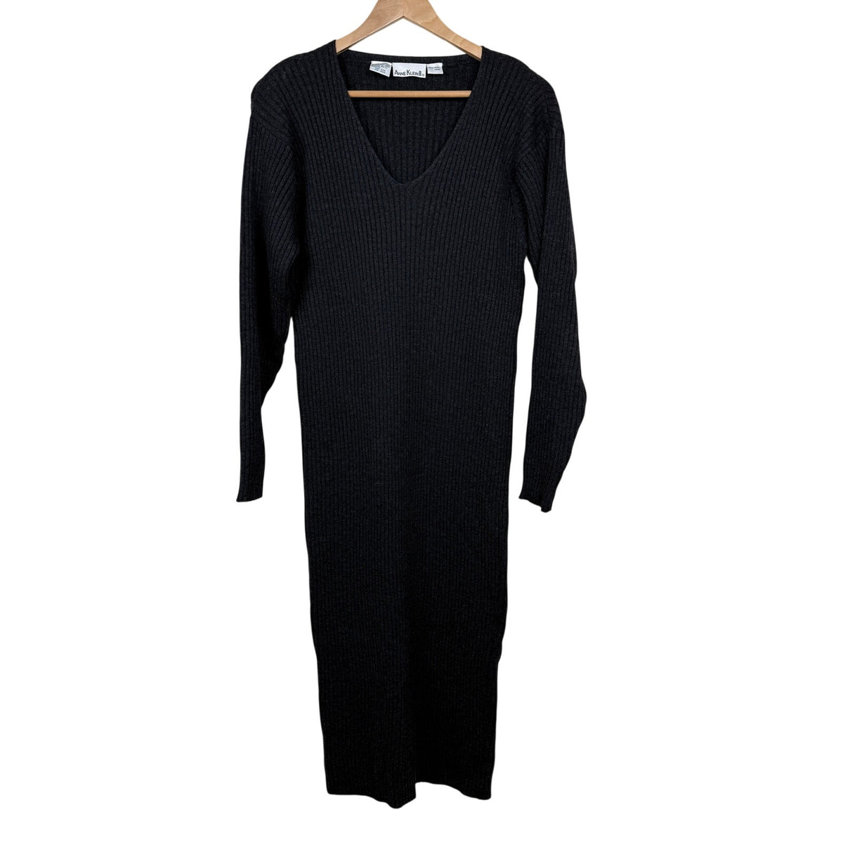 Vintage Anne Klein II 100% Wool Sweater Dress Gray Ribbed Midi L 90s Minimal