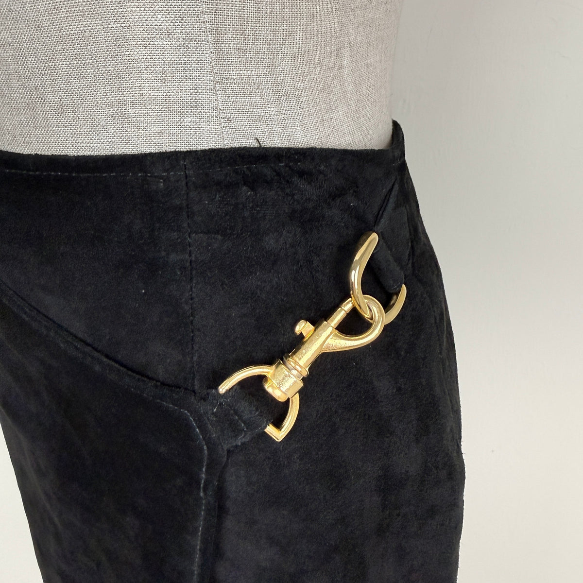 Vintage 90s Black Suede Leather Wrap Mini Skirt Gold Hardware Erez Levy
