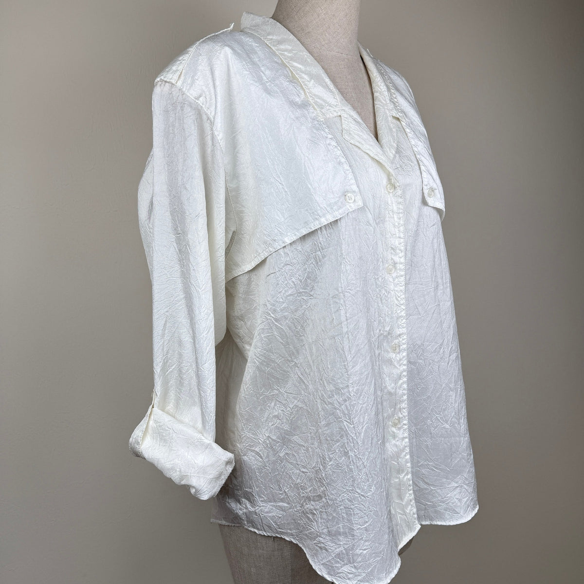 Diane Von Furstenberg Vintage Blouse Crinkle-Effect Satin White 80s Utility 14
