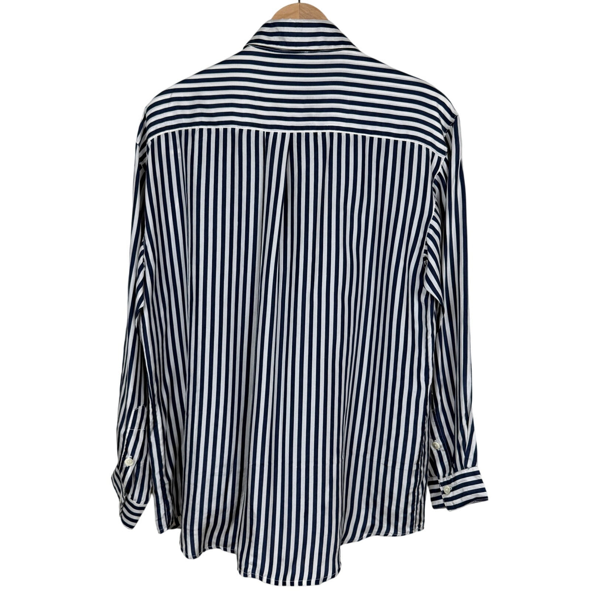 Vintage Stunt Collections 100% Silk Shirt L Navy Blue White Stripe Oversized 90s