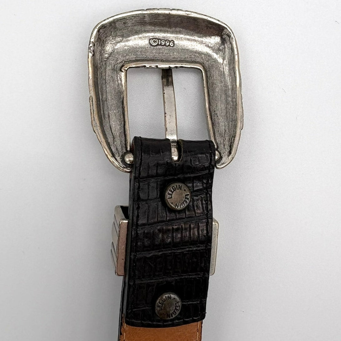 Vintage 90s Onyx Croc Embossed Western Leather Belt Black Silver Tone Size 32