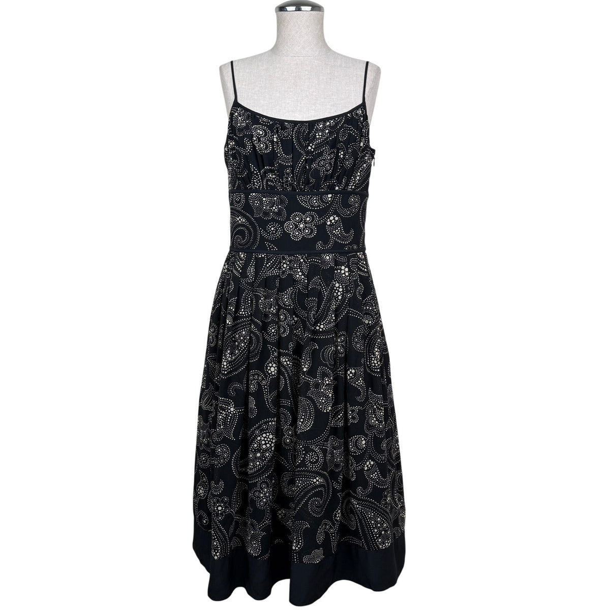Ann Taylor 100% Silk Paisley Midi Dress Fit & Flare Black Cream Sz 8 Summer Fall