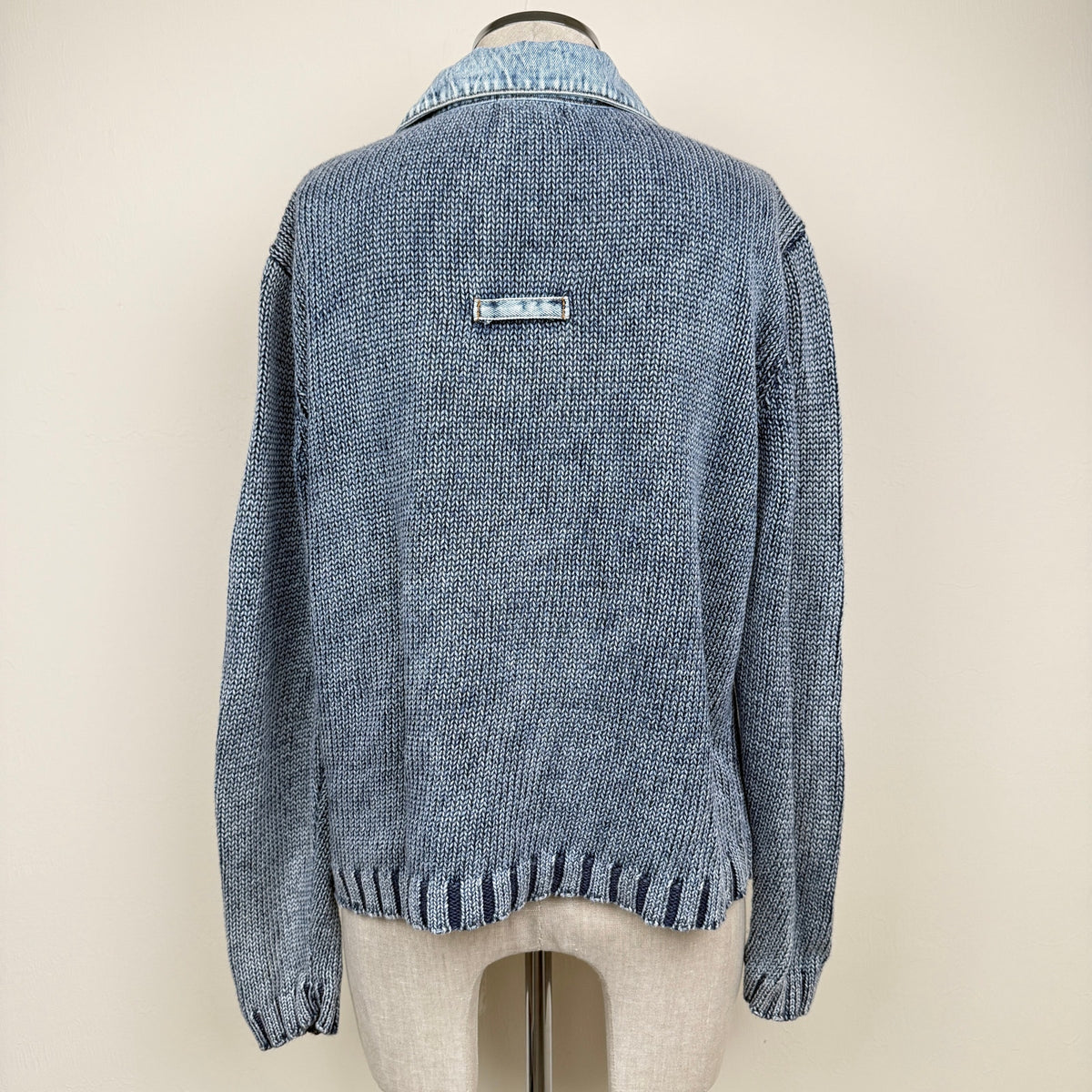 PBJ Blues Sweater Ramie Cotton Blue Jean Denim Collar Cropped L Vintage 80s 90s