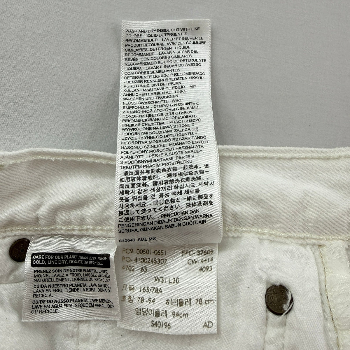Levi's 501 Original Jeans White Cotton Straight Leg Button Fly 31x30