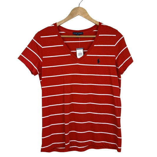 Ralph Lauren Striped V Neck T Shirt Cotton Red White Size L Preppy NWT