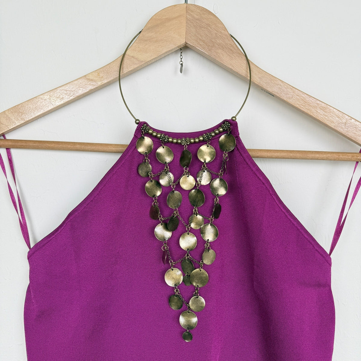 Ralph Lauren Glam Halter Top Metal Disc Embellished Vintage Y2K Fuchsia Size L