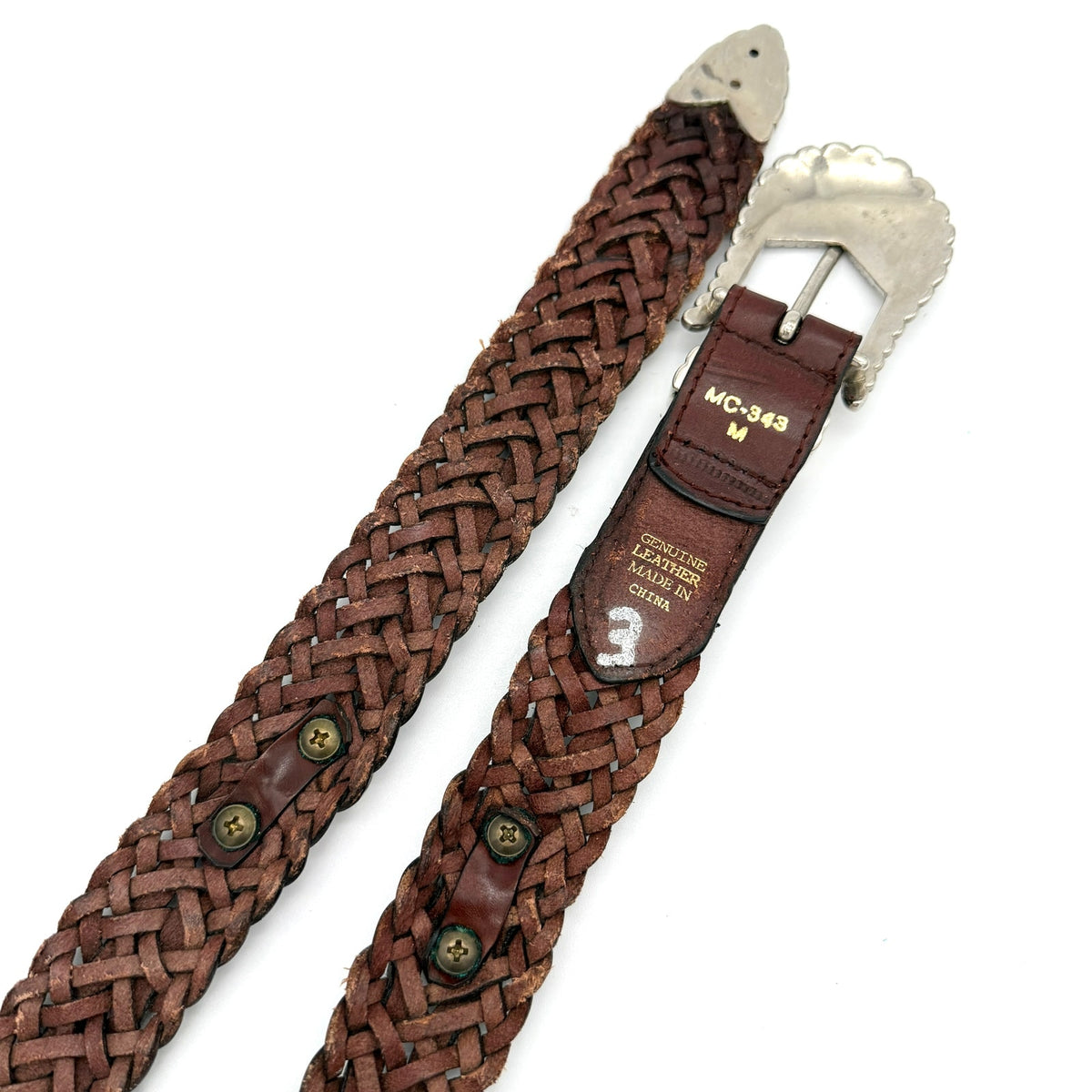 Vintage Brown Braided Leather Concho Style Belt Silver Western Boho Size M