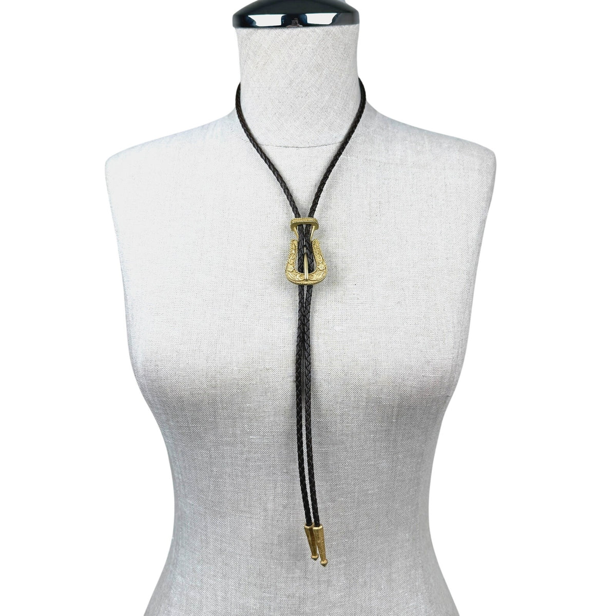 Vintage Western Buckle-Shaped Bolo Tie Brown Braided Leather Embossed Floral
