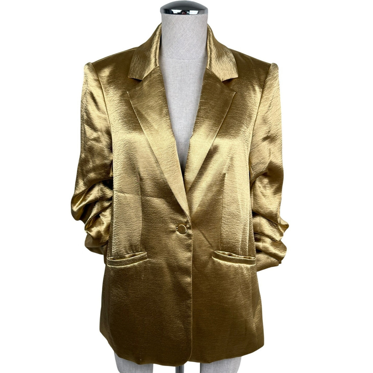 Cinq à Sept Gold Satin Ruched Sleeve Blazer