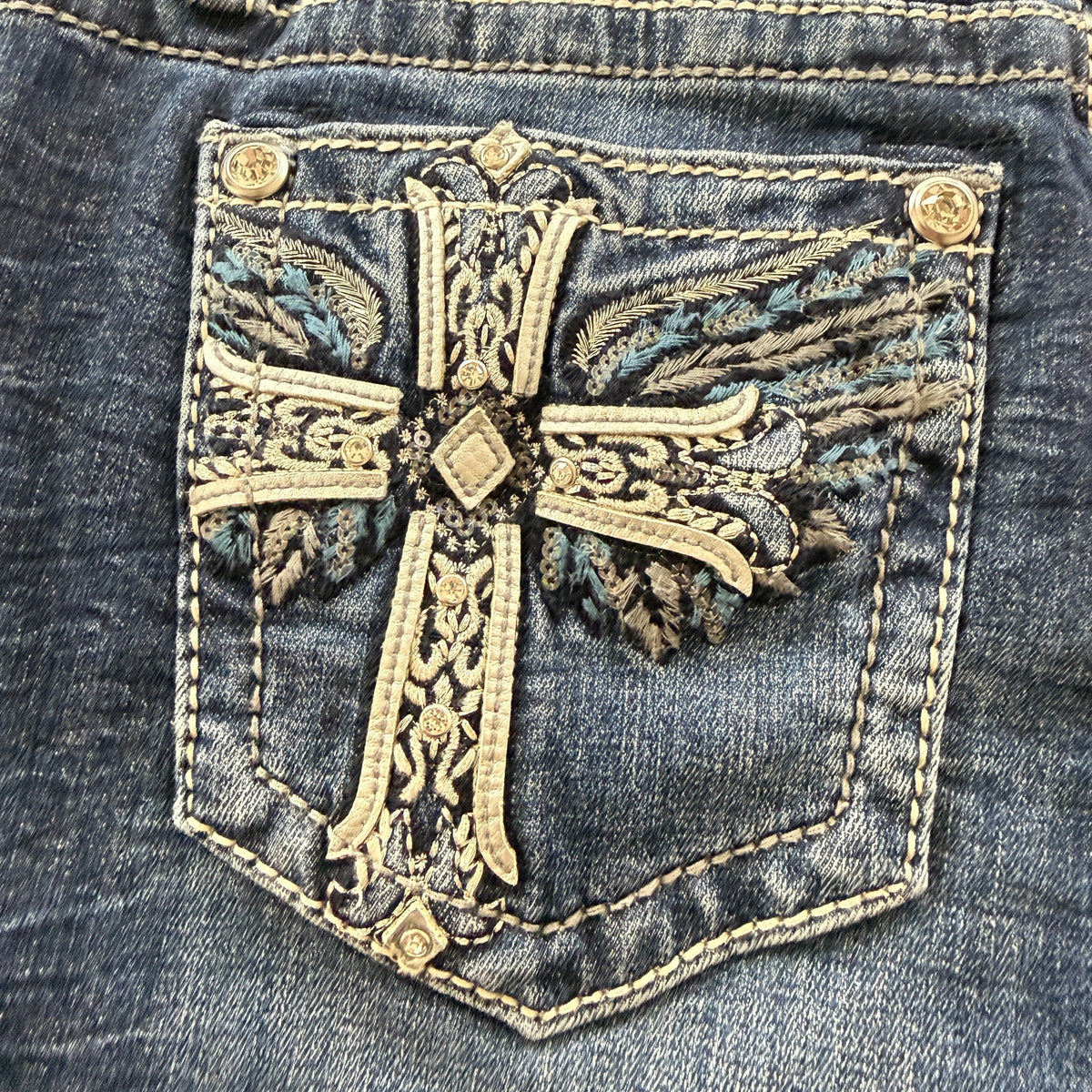 Miss Me Mid Rise Bootcut Jeans 30 Cross Rhinestone Embroidered Y2K Bling Western