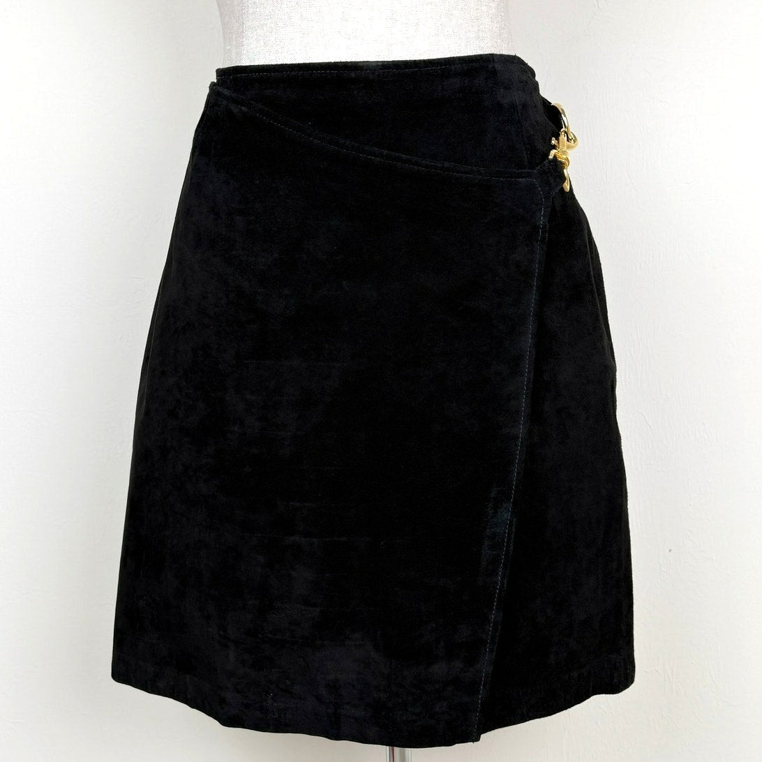 Vintage 90s Black Suede Leather Wrap Mini Skirt Gold Hardware Erez Levy