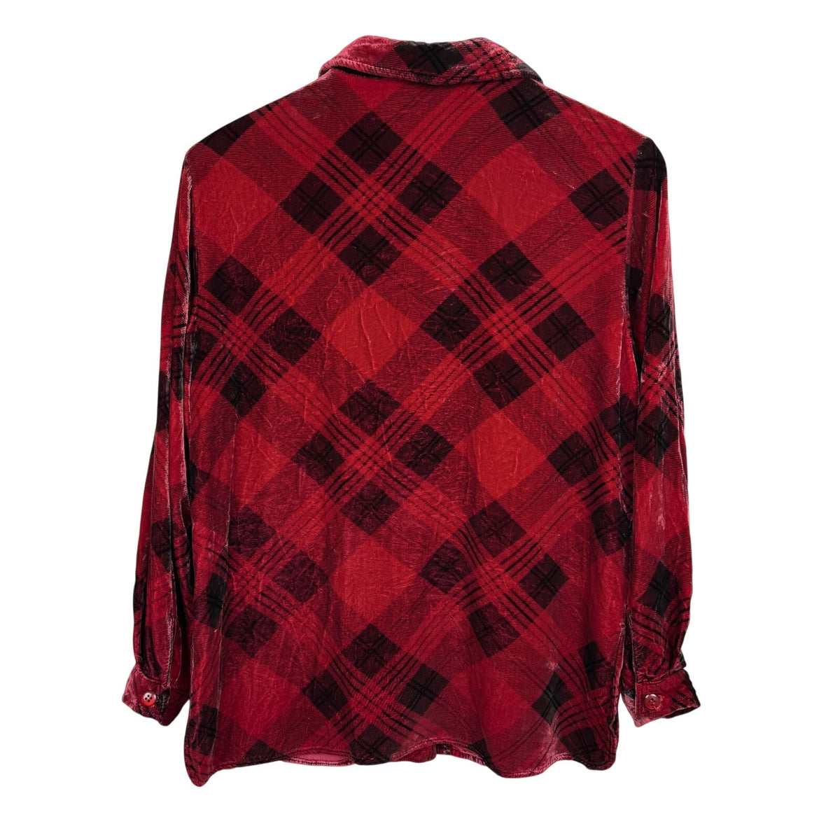 Vintage Coldwater Creek Velvet Plaid Shirt Rayon Silk Blend Size 0 Red Black 90s
