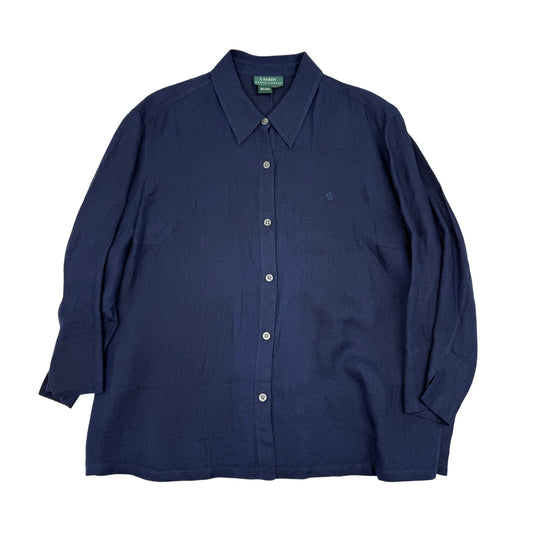 Lauren Ralph Lauren Linen Button Front Shirt Navy Blue Coastal Preppy Summer