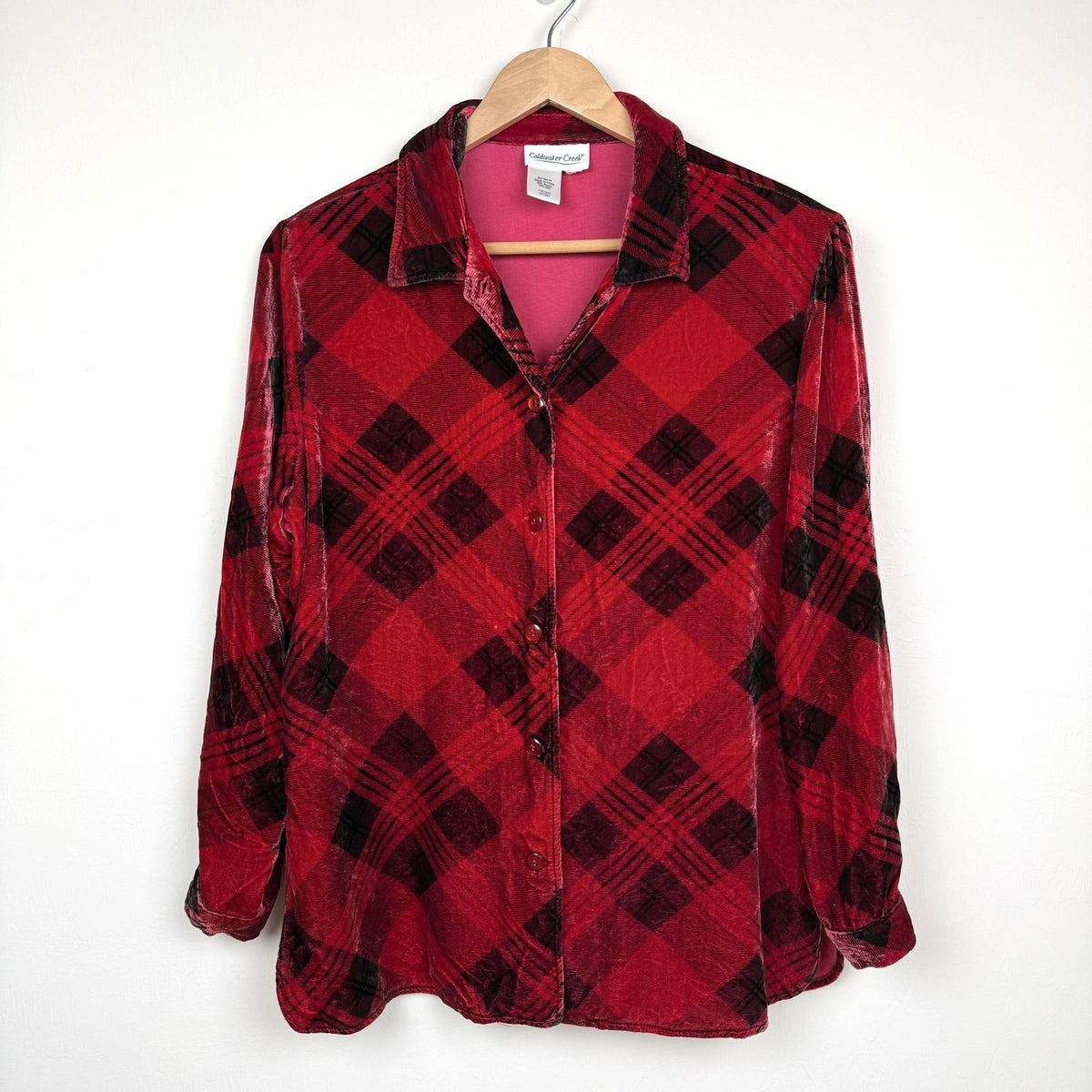 Vintage Coldwater Creek Velvet Plaid Shirt Rayon Silk Blend Size 0 Red Black 90s