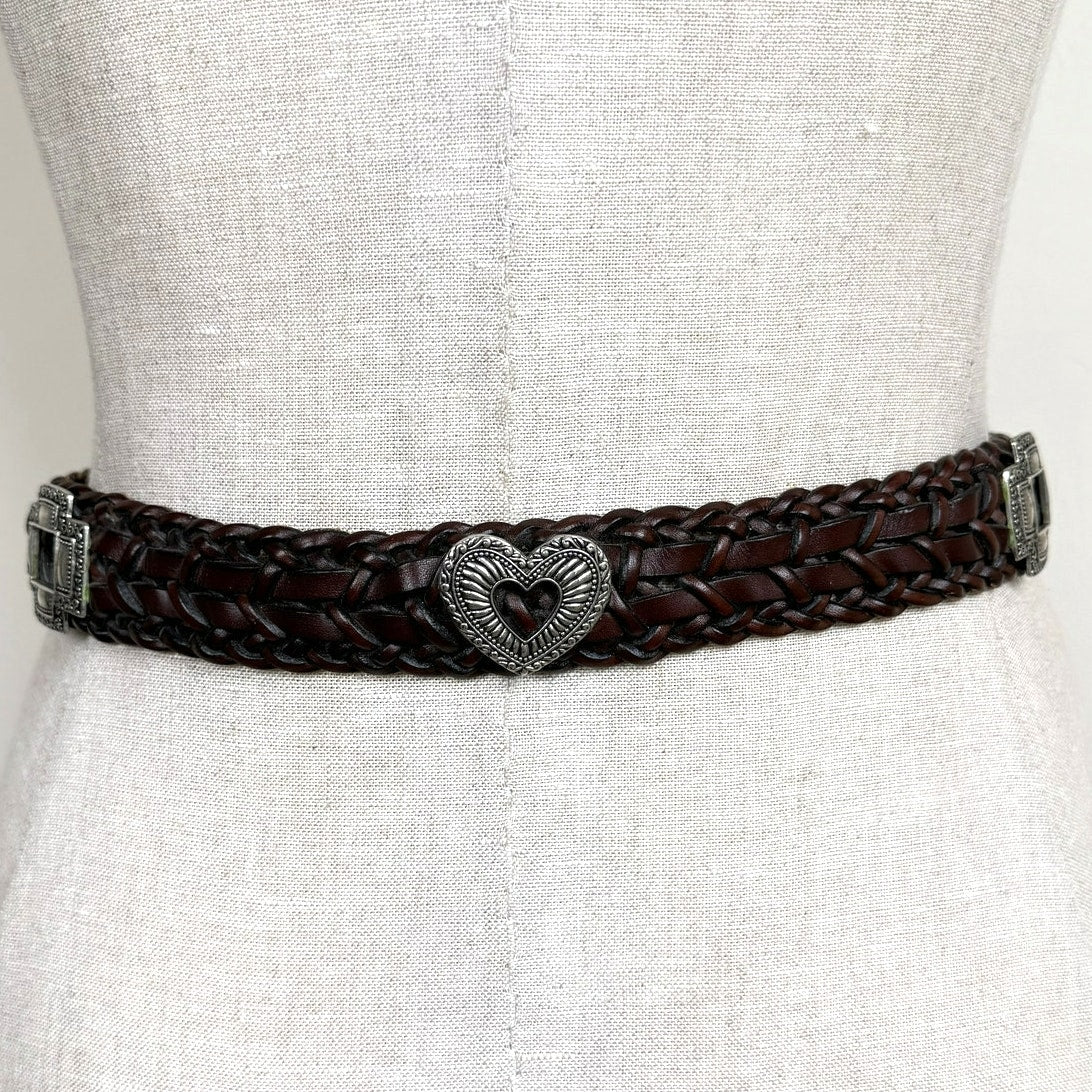 Vintage Brown Braided Leather Concho Style Belt Silver Western Boho Size M
