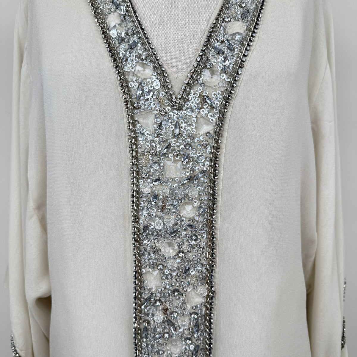 Vintage Y2K Alice + Olivia 100% Silk Beaded Tunic Blouse Ivory Sheer Glam Boho