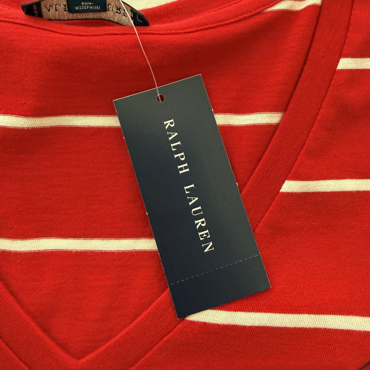 Ralph Lauren Striped V Neck T Shirt Cotton Red White Size L Preppy NWT