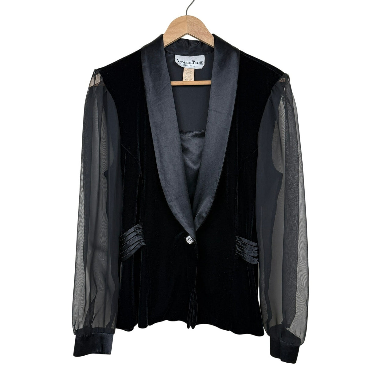 Vintage Tuxedo Blazer Black Blouse Sheer Sleeves Size L Made USA Another Thyme