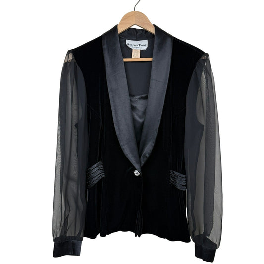 Vintage Tuxedo Blazer Black Blouse Sheer Sleeves Size L Made USA Another Thyme