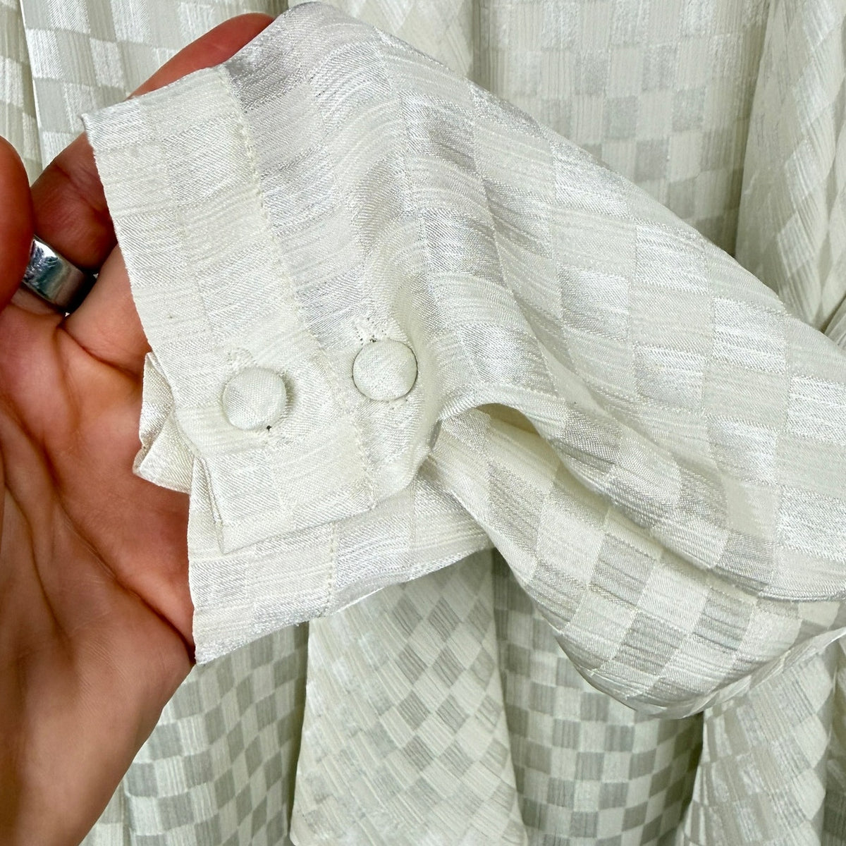 Vintage 80s Jack Winter Checkered Jacquard Tie Neck Blouse Ivory Romantic 14