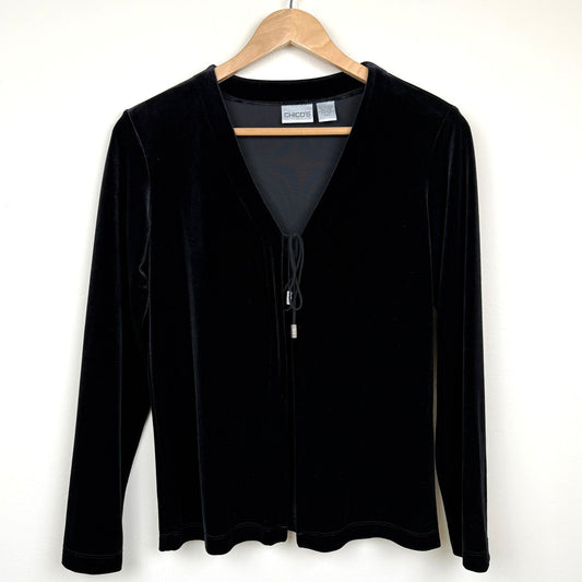 Vintage Chicos Black Velvet Cardigan Top Tie Front Long Sleeve Sz S/4 Goth 90s