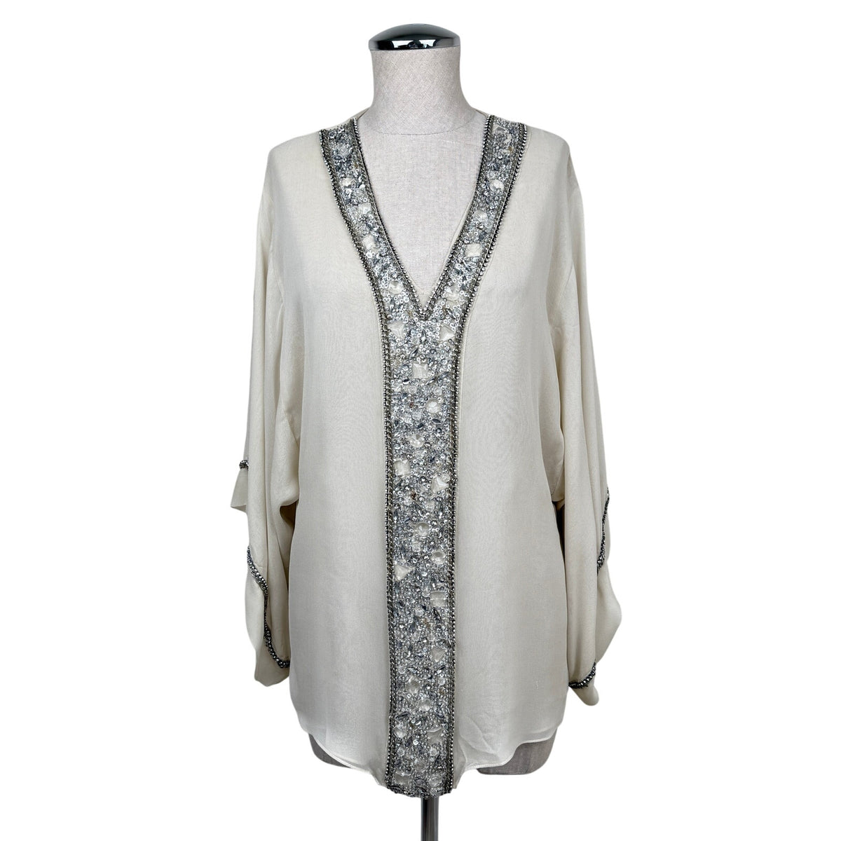 Vintage Y2K Alice + Olivia 100% Silk Beaded Tunic Blouse Ivory Sheer Glam Boho