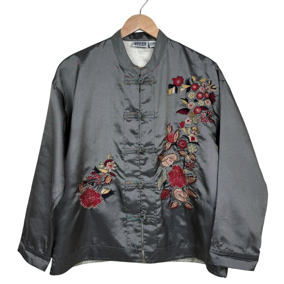Vintage Chico's Design Embroidered Asian Inspired Jacket Gray Mandarin Collar