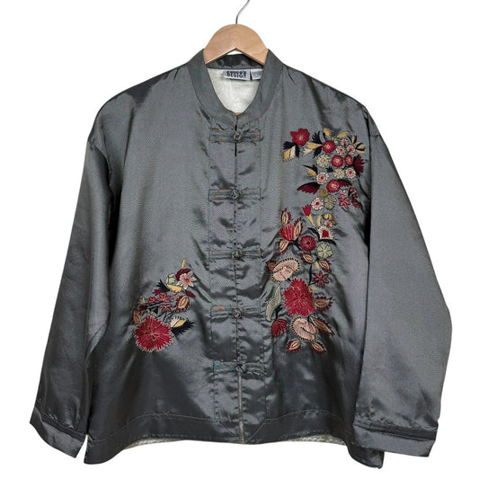 Vintage Chico's Design Embroidered Asian Inspired Jacket Gray Mandarin Collar