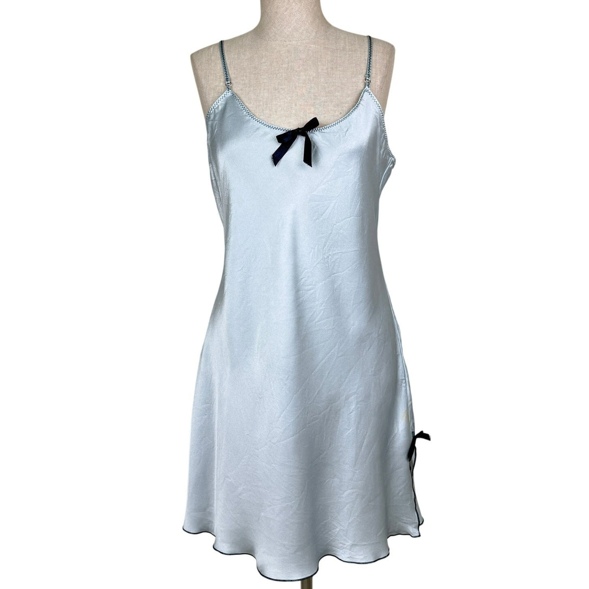 WinterSilks Vintage 90s Silk Chemise Slip Dress Mini Light Blue Romantic Size S