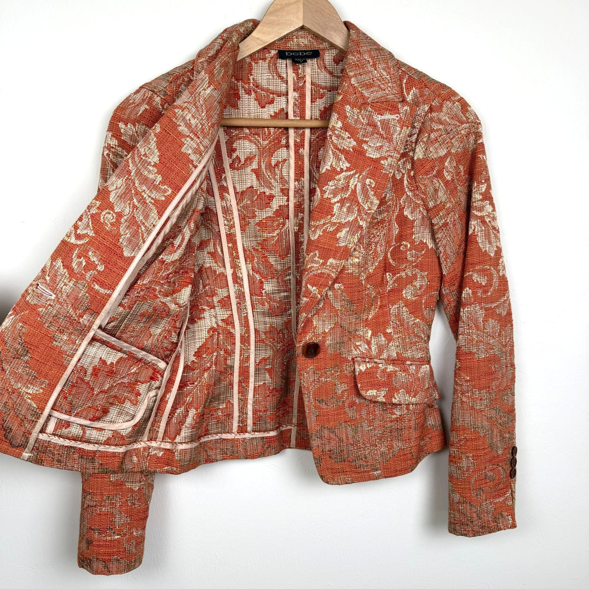 Bebe Tapestry Floral Brocade Blazer Jacket Cotton Blend Vtg Y2K Made in USA Sz 2