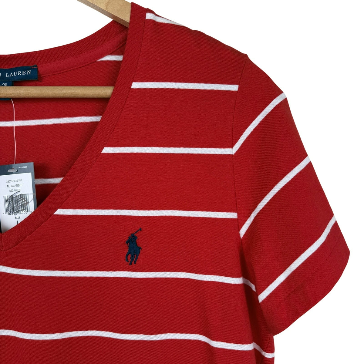 Ralph Lauren Striped V Neck T Shirt Cotton Red White Size L Preppy NWT