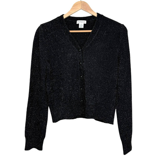 Vintage Ann Taylor Cardigan Black Metallic Fuzzy Knit Sweater Size M Made in USA