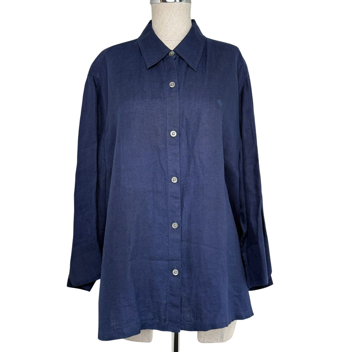 Lauren Ralph Lauren Linen Button Front Shirt Navy Blue Coastal Preppy Summer