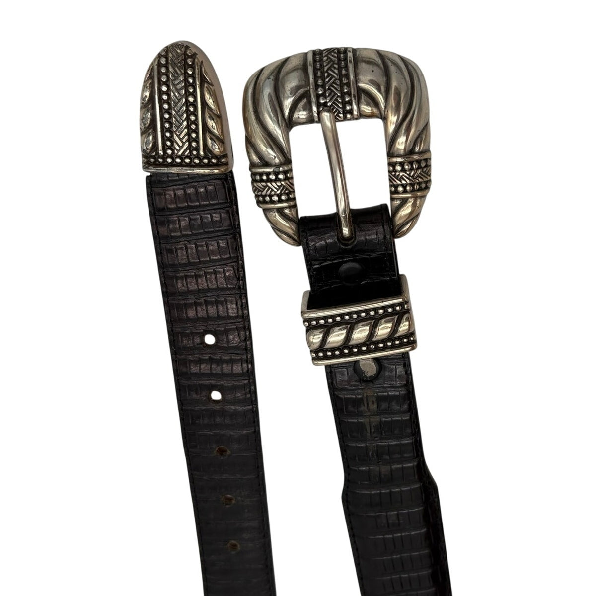 Vintage 90s Onyx Croc Embossed Western Leather Belt Black Silver Tone Size 32