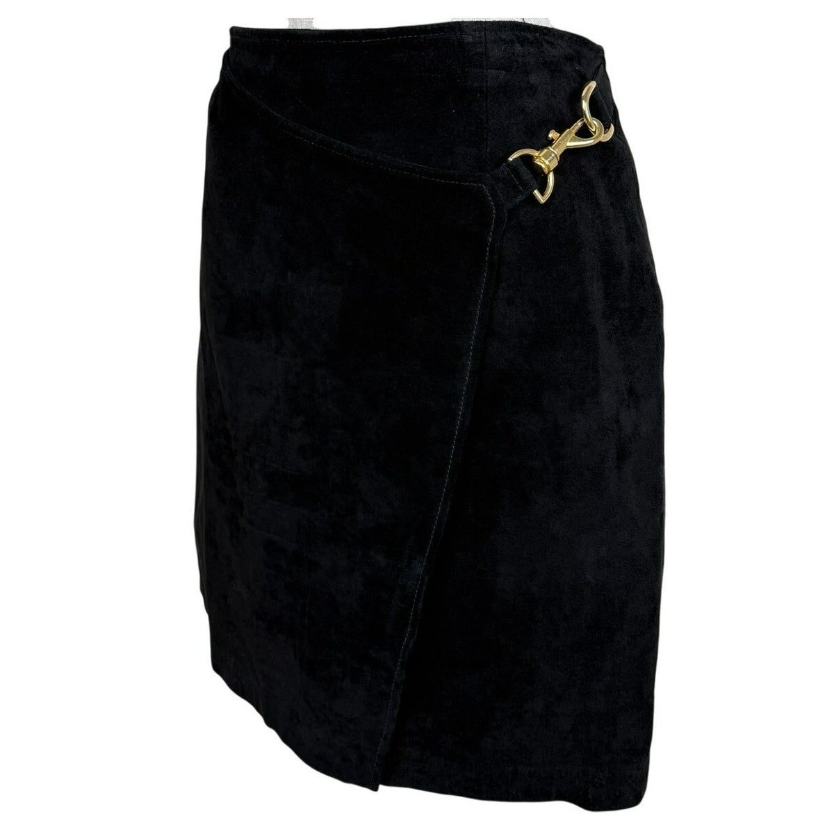 Vintage 90s Black Suede Leather Wrap Mini Skirt Gold Hardware Erez Levy