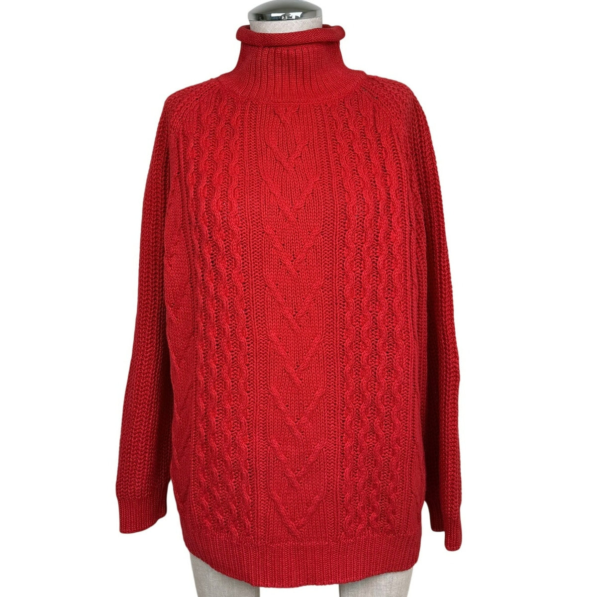 Vintage Hunters Run Turtleneck Sweater Ramie Cotton Fisherman Cable Knit Red L