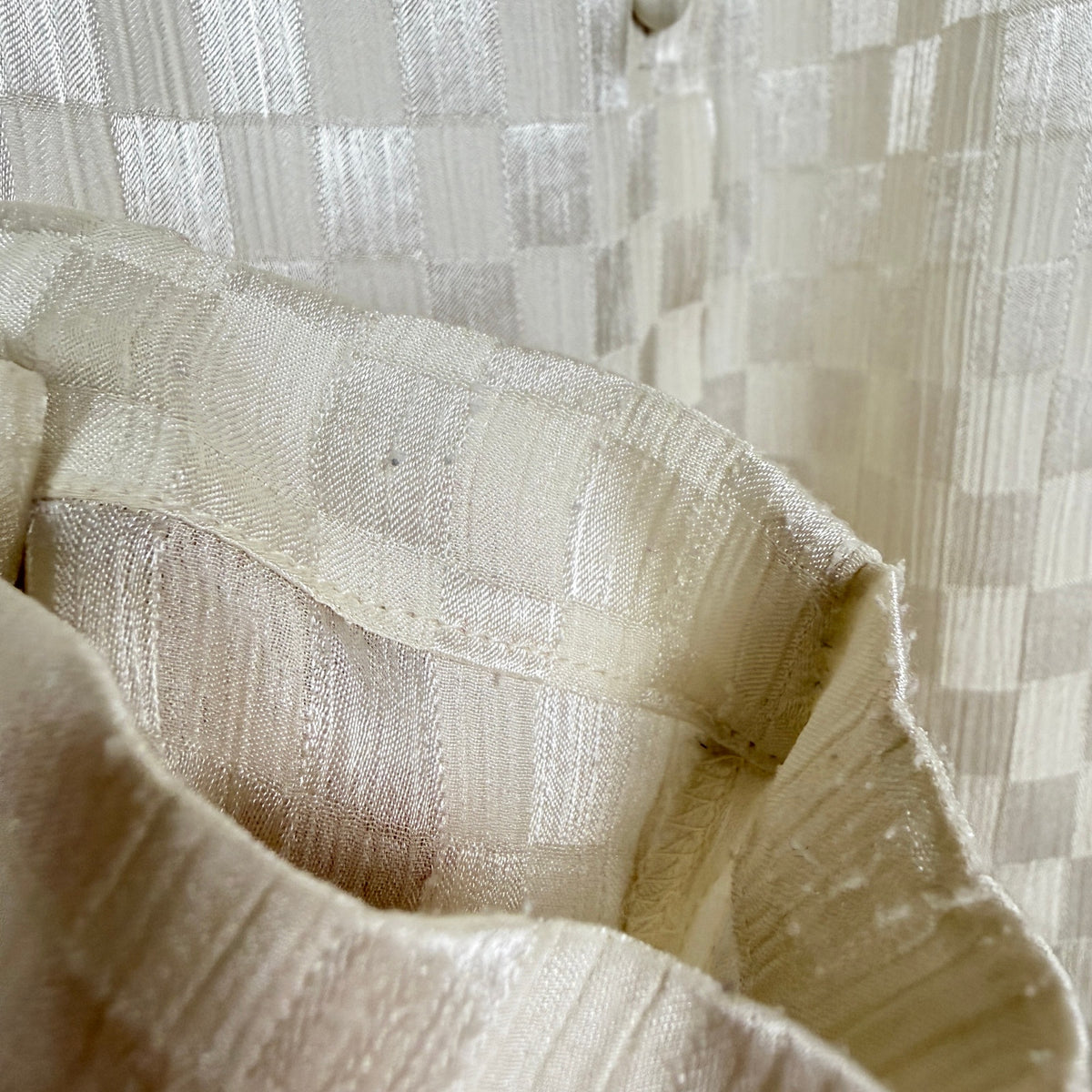 Vintage 80s Jack Winter Checkered Jacquard Tie Neck Blouse Ivory Romantic 14