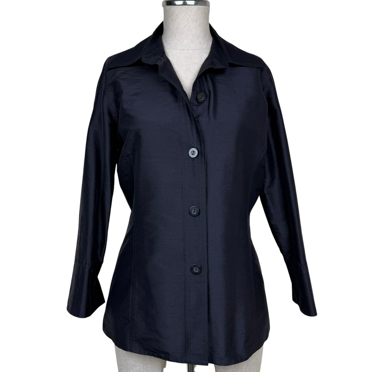 Vintage Silk Shantung Shirt Blouse Navy Minimalist Peck & Peck Collection Sz 4