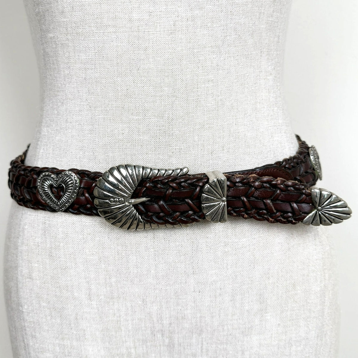 Vintage Brown Braided Leather Concho Style Belt Silver Western Boho Size M