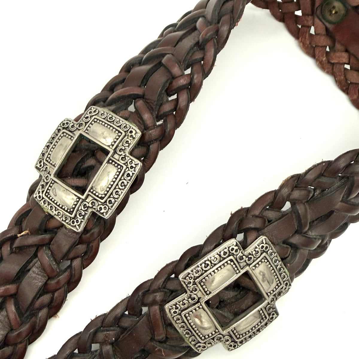 Vintage Brown Braided Leather Concho Style Belt Silver Western Boho Size M