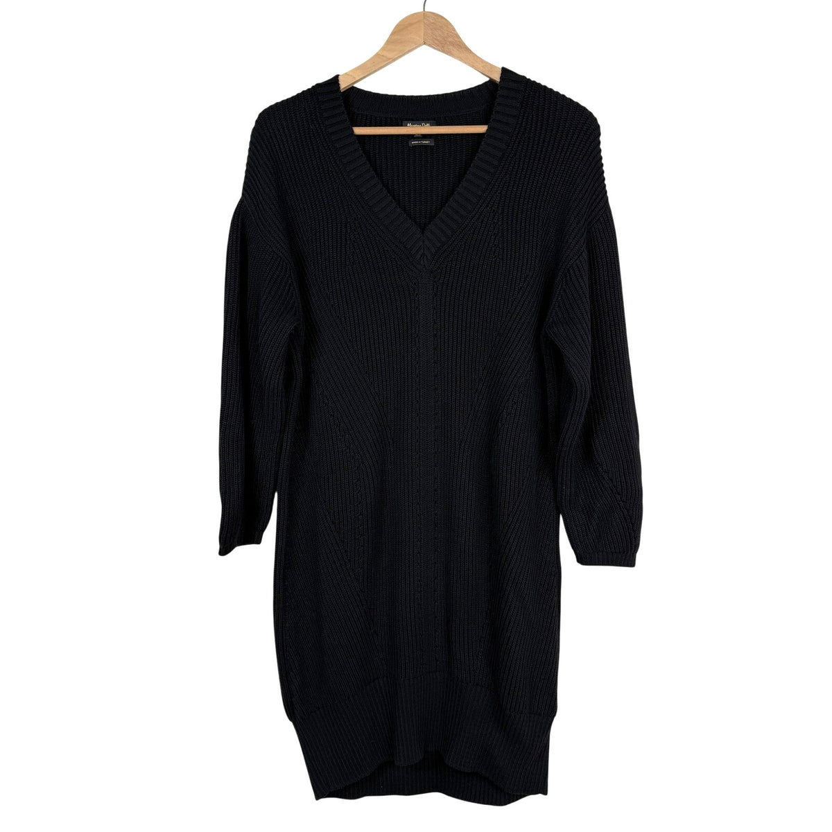 Massimo Dutti Black Ribbed V-Neck Sweater Dress