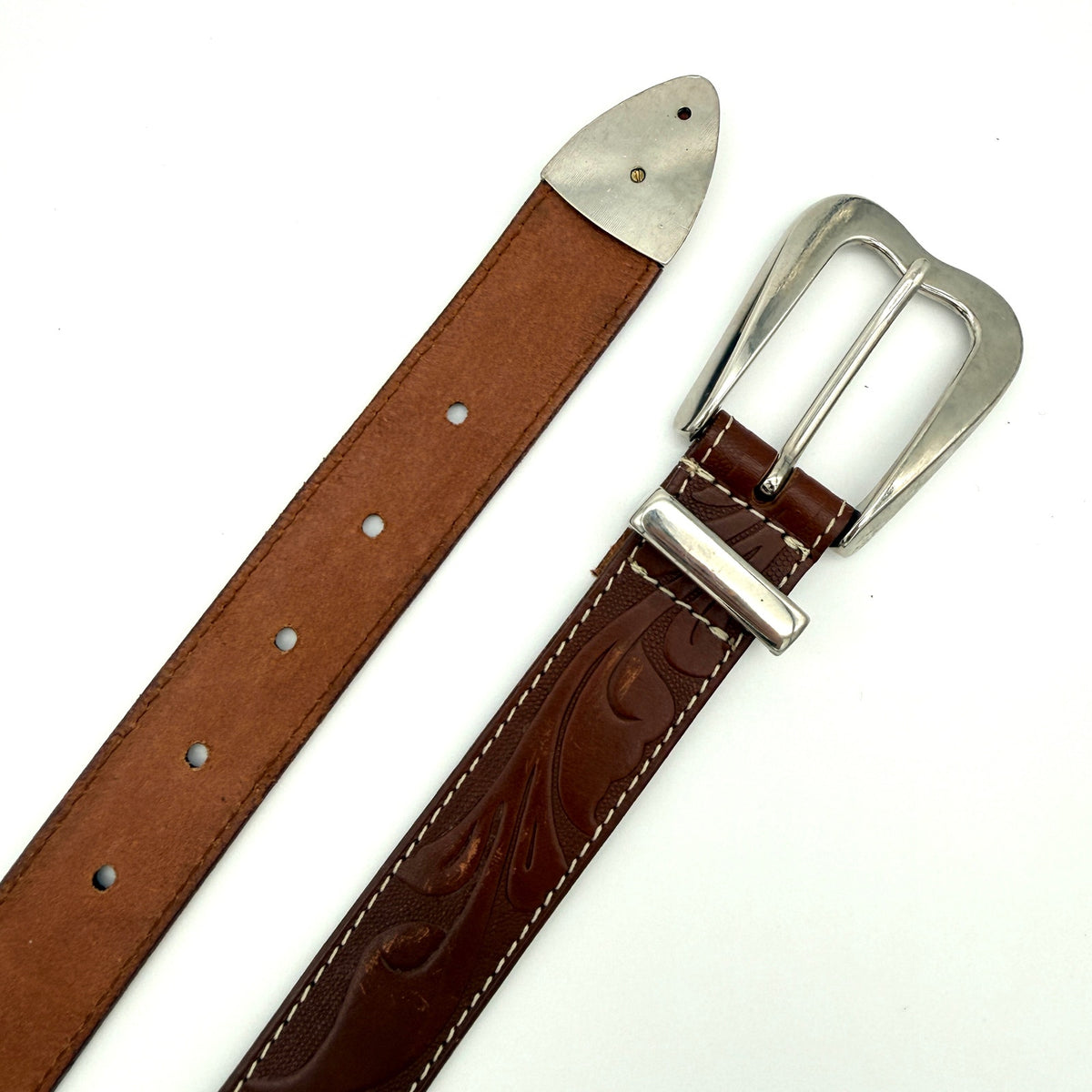Milor Tooled Leather Belt Brown Size S Western Silver Hardware
