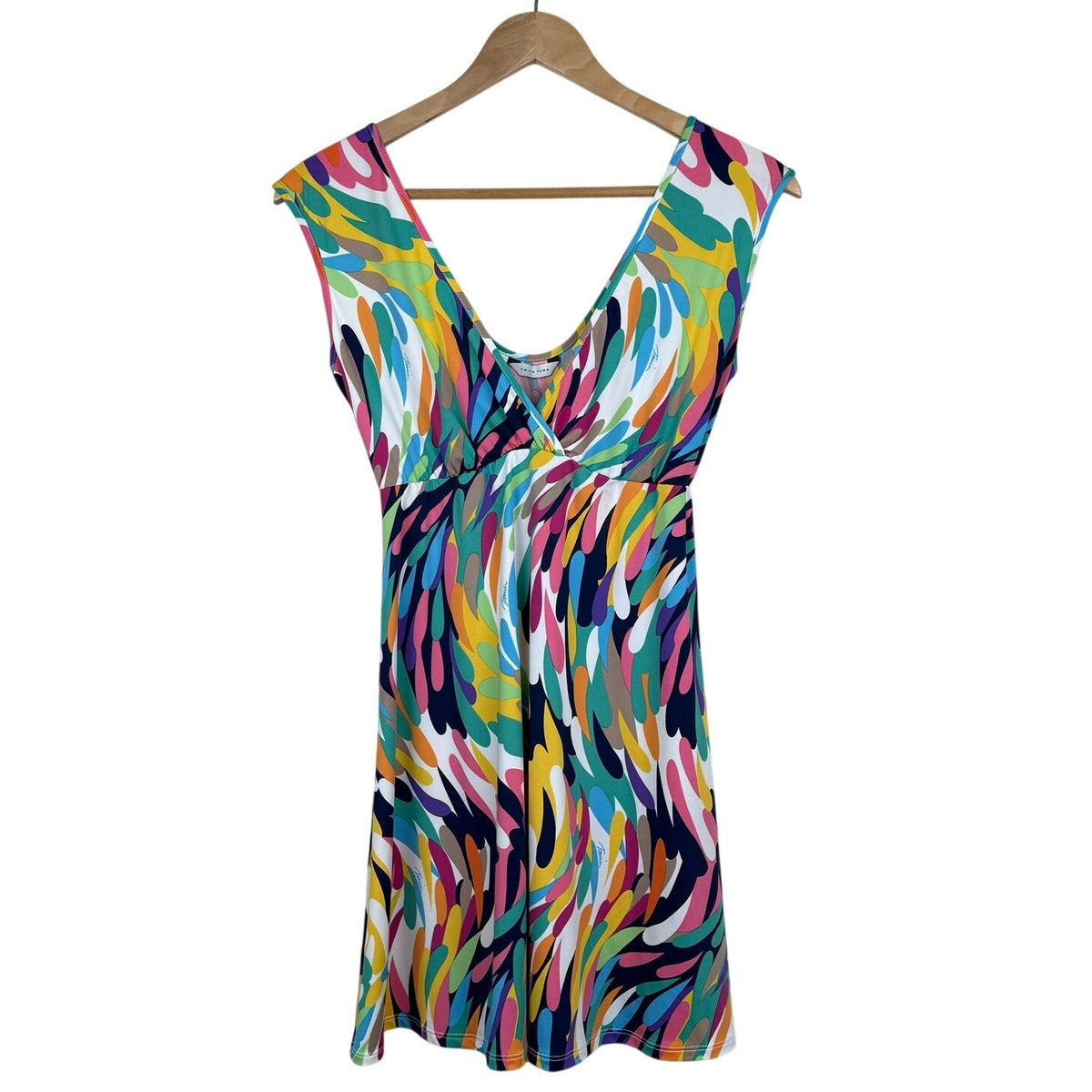 Trina Turk Abstract Print V Neck Mini Dress Euro Summer Resort Y2K USA Made S