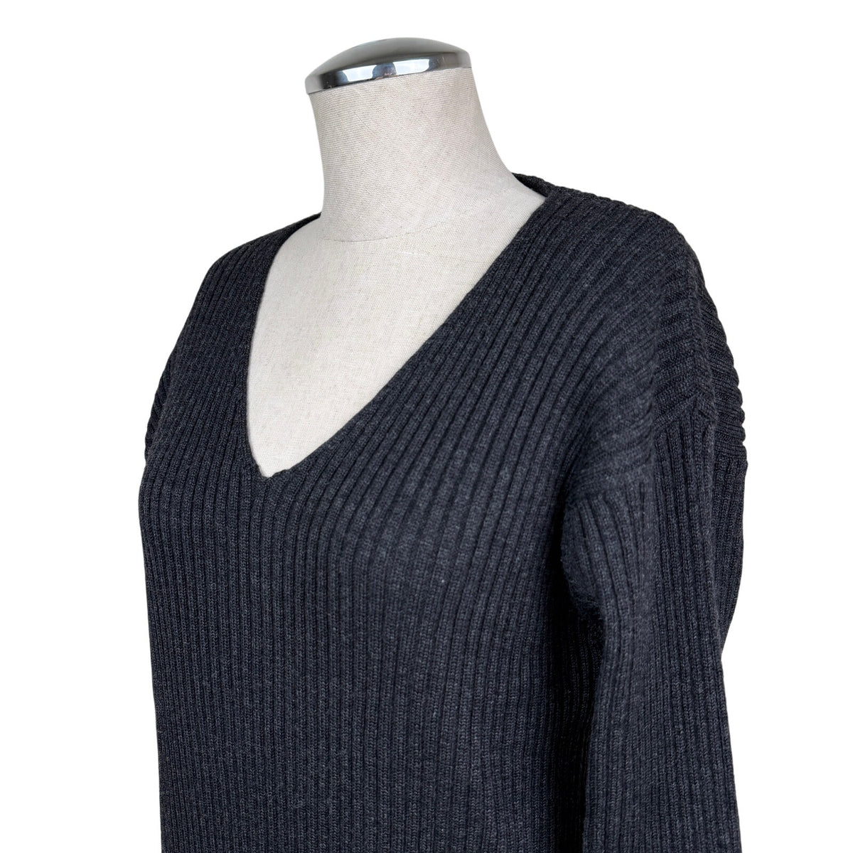 Vintage Anne Klein II 100% Wool Sweater Dress Gray Ribbed Midi L 90s Minimal