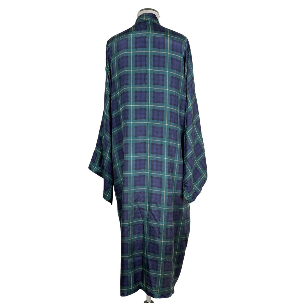 Vintage 100% Silk Tartan Plaid Kimono Robe Green Blue One Size 90s Sleepwear