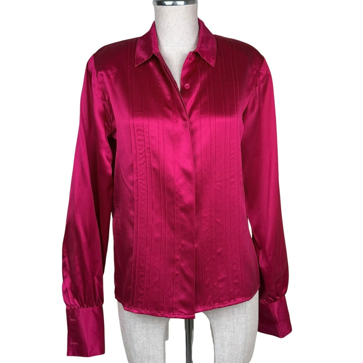 Talbots Vintage Silk Blouse Pink Satin Pintuck Button Down Petite 6 1980s
